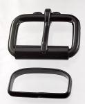 Two 1 1/2 inch black plated roller buckles and two <I>deluxe</i> belt keepers